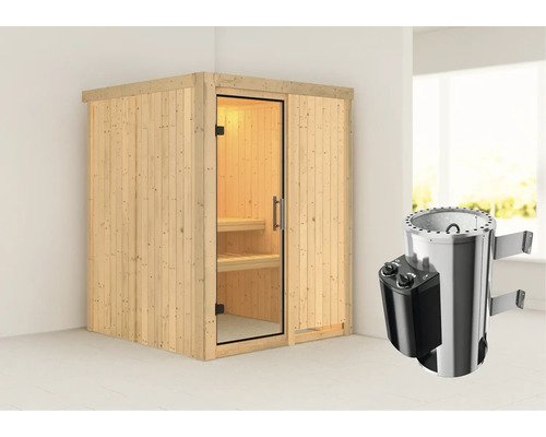 Sauna Plug & Play Karibu Sinja avec poêle 3,6 kW et commande intégrée, sans couronne, avec porte entièrement vitrée transparente Sauna Plug & Play Karibu Sinja avec poêle 3,6 kW et commande intégrée, sans couronne, avec porte entièrement vitrée transparente