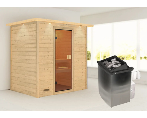 Massivholzsauna Karibu Sonja inkl.9 kW Ofen u.integr.Steuerung mit Dachkranz und bronzierter Ganzglastüre Massivholzsauna Karibu Sonja inkl.9 kW Ofen u.integr.Steuerung mit Dachkranz und bronzierter Ganzglastüre