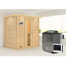 Massivholzsauna Karibu Sonja inkl. 9 kW Bio Ofen u.ext.Steuerung mit Dachkranz und Holztüre mit Isolierglas wärmegedämmt