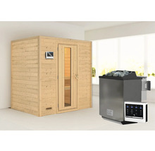 Massivholzsauna Karibu Sonja inkl. 9 kW Bio Ofen u.ext.Steuerung ohne Dachkranz mit Holztüre und Isolierglas wärmegedämmt