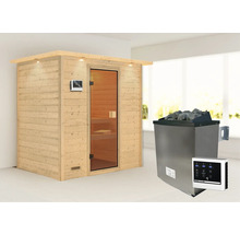Sauna avec poêle de sauna et commande dans une pièce claire