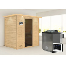 Massivholzsauna Karibu Sonja inkl. 9 kW Bio Ofen u.ext.Steuerung mit Dachkranz und graphitfarbeneer Ganzglastüre