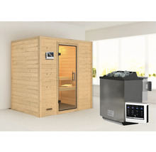 Massivholzsauna Karibu Sonja inkl. 9 kW Bio Ofen u.ext.Steuerung ohne Dachkranz mit Ganzglastüre aus Klarglas