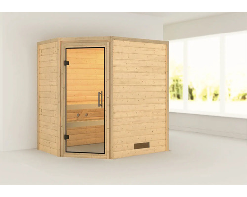 Sauna en madriers Karibu Svea sans poêle ni couronne avec porte entièrement vitrée en verre transparent Sauna en madriers Karibu Svea sans poêle ni couronne avec porte entièrement vitrée en verre transparent
