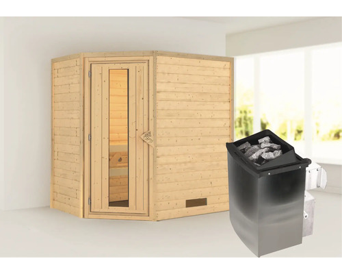 Massivholzsauna Karibu Svea inkl. 9 kW Ofen u.integr.Steuerung ohne Dachkranz mit Holztüre und Isolierglas wärmegedämmt Massivholzsauna Karibu Svea inkl. 9 kW Ofen u.integr.Steuerung ohne Dachkranz mit Holztüre und Isolierglas wärmegedämmt