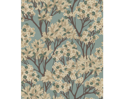 Papier peint intissé 580013 Allegretto arbres turquoise Papier peint avec motif d''arbres, de feuilles et de fleurs