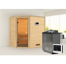 Massivholzsauna Karibu Svea inkl. 9 kW Bio Ofen u.ext.Steuerung ohne Dachkranz mit bronzierter Ganzglastüre