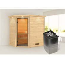 Massivholzsauna Karibu Svea inkl.9 kW Ofen u.integr.Steuerung mit Dachkranz und bronzierter Ganzglastüre