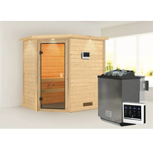 Massivholzsauna Karibu Svea inkl. 9 kW Bio Ofen u.ext.Steuerung mit Dachkranz und bronzierter Ganzglastüre