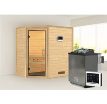 Massivholzsauna Karibu Svea inkl. 9 kW Bio Ofen u.ext.Steuerung ohne Dachkranz mit Ganzglastüre aus Klarglas