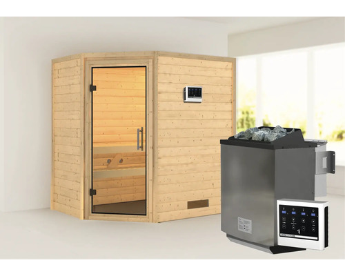 Massivholzsauna Karibu Svea inkl. 9 kW Bio Ofen u.ext.Steuerung ohne Dachkranz mit Ganzglastüre aus Klarglas Massivholzsauna Karibu Svea inkl. 9 kW Bio Ofen u.ext.Steuerung ohne Dachkranz mit Ganzglastüre aus Klarglas