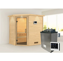 Sauna aus Holz mit Glastür und Saunaofen mit Steinen