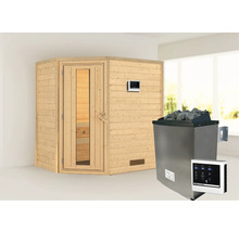 Massivholzsauna Karibu Svea inkl. 9 kW Ofen u.ext.Steuerung ohne Dachkranz mit Holztüre und Isolierglas wärmegedämmt