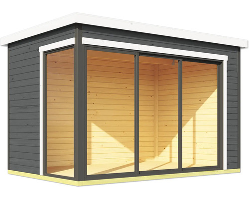 Abri de jardin moderne avec portes coulissantes en verre pour un intérieur lumineux.