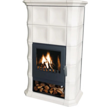 Kaminofen mit Holzfach und Feuer