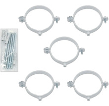 Cinq colliers de serrage en plastique avec vis et chevilles dans un emballage.