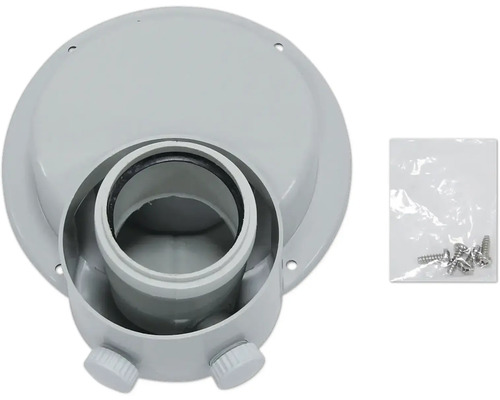 Vue de dessus d'une évacuation de toit grise avec vis de fixation