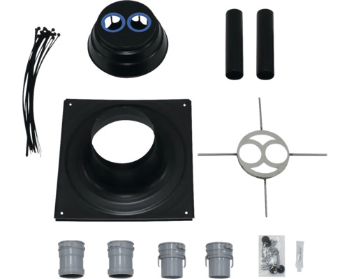 Vaillant Set 1 Grundelement für flexible Abgasleitung DN60 PP doppelte Rohrführung 0020106046 Abbildung eines Ofenrohr-Installationssets mit verschiedenen Komponenten wie Rohren, Verbindungsstücken und Befestigungsmaterial