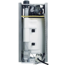 Innenansicht eines Warmwasserbereiters mit verschiedenen Komponenten wie Tank, Brenner und Rohrleitungen