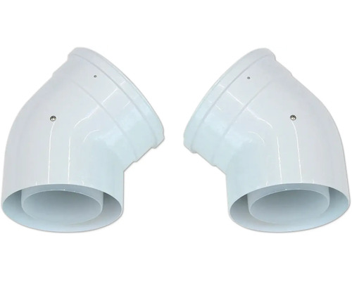 Deux coudes de tuyau en plastique avec un angle de 45 degrés pour les systèmes de ventilation.