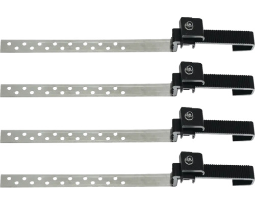 Vier Dachrinnenhalter mit Lochband zur Dachrinnenbefestigung.