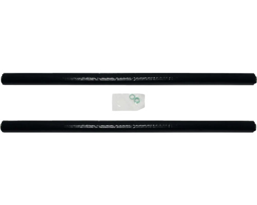 Zwei schwarze Heizkörperanschlussrohre und ein Tütchen mit zwei Dichtungsringen