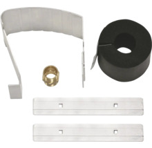 Matériel d'installation pour sanitaires, comprenant un collier de serrage, un raccord en laiton et des rails de fixation.