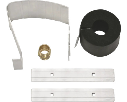 Matériel d'installation pour sanitaires, comprenant un collier de serrage, un raccord en laiton et des rails de fixation.