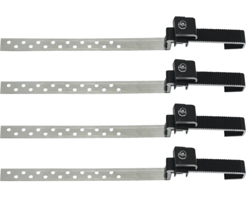 Vier Dachrinnenhalter aus Metall mit Befestigungselementen
