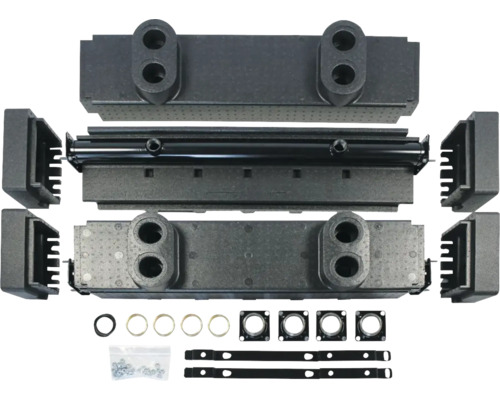 Heizkörperanschluss-Set mit verschiedenen Bauteilen wie Dichtungen, Verschraubungen und Halterungen