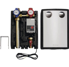 Distributeur de circuit de chauffage avec pompe, manomètre et vannes d'arrêt dans un boîtier isolant