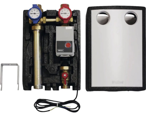 Distributeur de circuit de chauffage avec pompe, manomètre et vannes d'arrêt dans un boîtier isolant