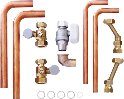 Divers tuyaux en cuivre, raccords et vannes pour installations sanitaires