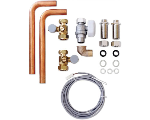 Kit de raccordement de radiateur avec tuyaux en cuivre, vannes thermostatiques, robinet à boisseau sphérique, coude et sonde de température