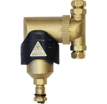 Magnetischer Schlammabscheider aus Messing mit schwarzer Magnetmanschette und Hinweisschild