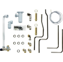 Kit d'installation pour robinet d'évier comprenant divers composants sanitaires tels que des tuyaux, des vannes et des raccords