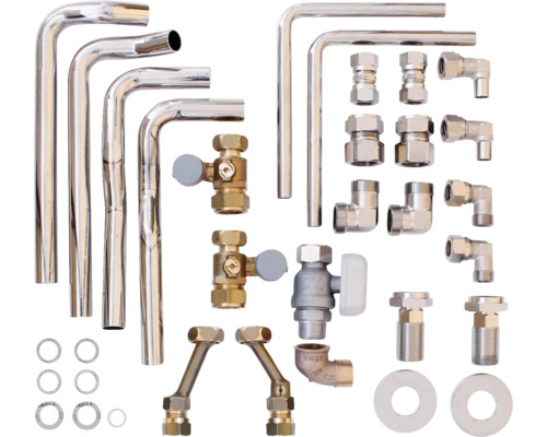 Kit d'installation sanitaire avec tuyaux, vannes et raccords