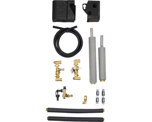 Heizkörperanschlussgarnitur mit verschiedenen Anschlussstücken, Ventilen und Zubehör