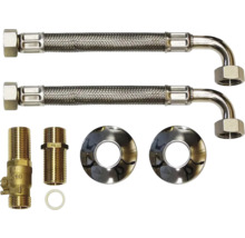 Jeu de raccordement avec deux tuyaux blindés, deux rosaces, un robinet d'équerre et un raccord