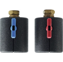 Zwei Heizkörperanschlussblöcke mit blauem und rotem Thermostatventil