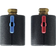 Zwei Heizkörperanschlussarmaturen mit blauem und rotem Thermostatkopf
