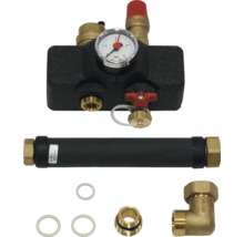 Heizungsverteiler-Set mit Manometer, Entlüftungsventil und verschiedenen Anschlussstücken.