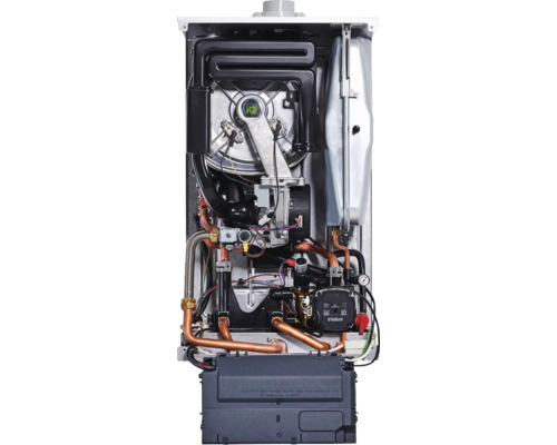 Innenansicht einer Gasheizung mit verschiedenen Rohren und Bauteilen