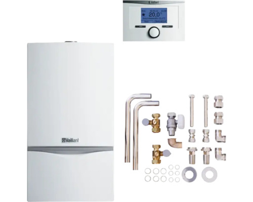 Vaillant Paket 6.220 Gas-Wandheizgerät mit Heizwerttechnik atmoTEC exclusive VC 104/4-7 A E/H, Raumtemperaturregler calorMATIC VRT 350 und Installations-Set AP/UP Austausch auf Alt-Installation 0010042523 Vaillant Heizkessel mit Regler und Installationszubehör