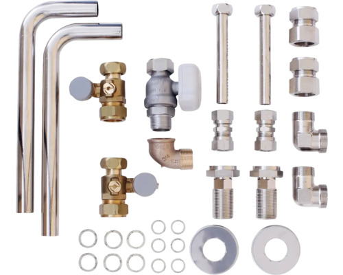 Divers matériaux d'installation sanitaire tels que tuyaux, vannes et raccords.