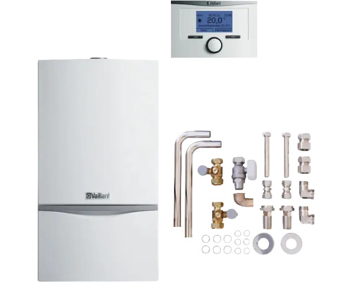 Vaillant Paket 6.221 Gas-Wandheizgerät mit Heizwerttechnik atmoTEC exclusive VC 104/4-7 A L/LL, Raumtemperaturregler calorMATIC VRT 350 und Installations-Set AP/UP Austausch auf Alt-Installation 0010042524 Vaillant Heizungsanlage mit Zubehör und Steuerelement