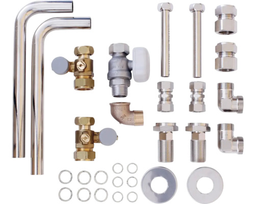 Diverses pièces d'installation sanitaire en métal, notamment des tuyaux, des vannes et des raccords.