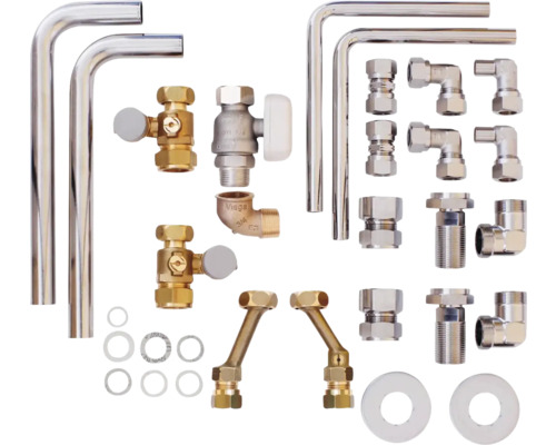 Matériel d'installation pour sanitaire et chauffage avec tuyaux, vannes et raccords.