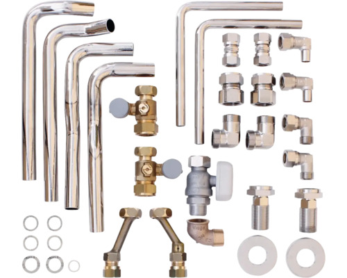 Assortiment de matériel d'installation sanitaire comprenant des tuyaux, des vannes et des raccords