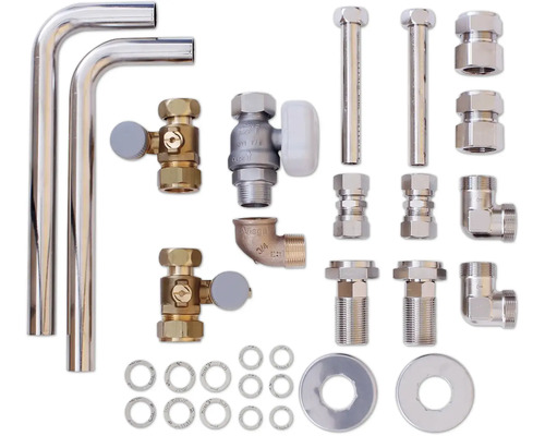 Verschiedene Sanitärinstallationsmaterialien und -zubehör für Heizung und Sanitär.